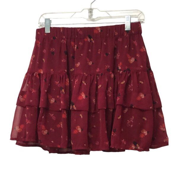 Free People Dresses & Skirts - Free People Mini Skirt Size M Tiered Flair Lined Burgandy Floral Stretch Waist